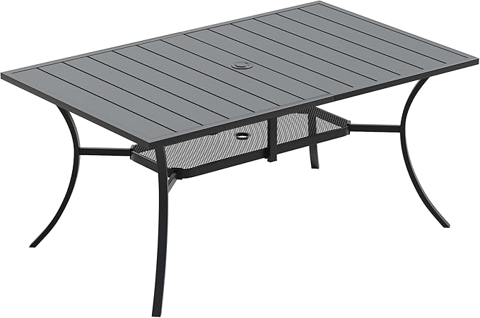 Outdoor Dining Table for 6, 59.2" Rectangle Outdoor Table with Adjustable Umbrella Hole and Storage Shelf, All-Weather Metal Patio Dining Table for Lawn Garden Backyard Deck, Black