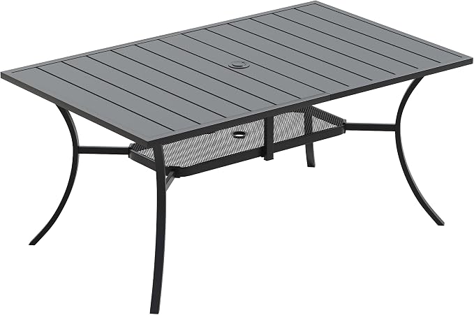 VICLLAX Rectangle Patio Dining Table for 6 Person, Outdoor Metal Steel Slat Table with Umbrella Hole for Patio, Lawn, Garden, Porch, Black