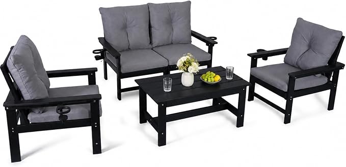 5-Piece HDPE Patio Conversation Set w/ 4 Cup Holders, All-Weather Outdoor Sectional Furniture, Thick Washable Cushions, Coffee Table & Side Table for Backyard Porch Poolside, Black