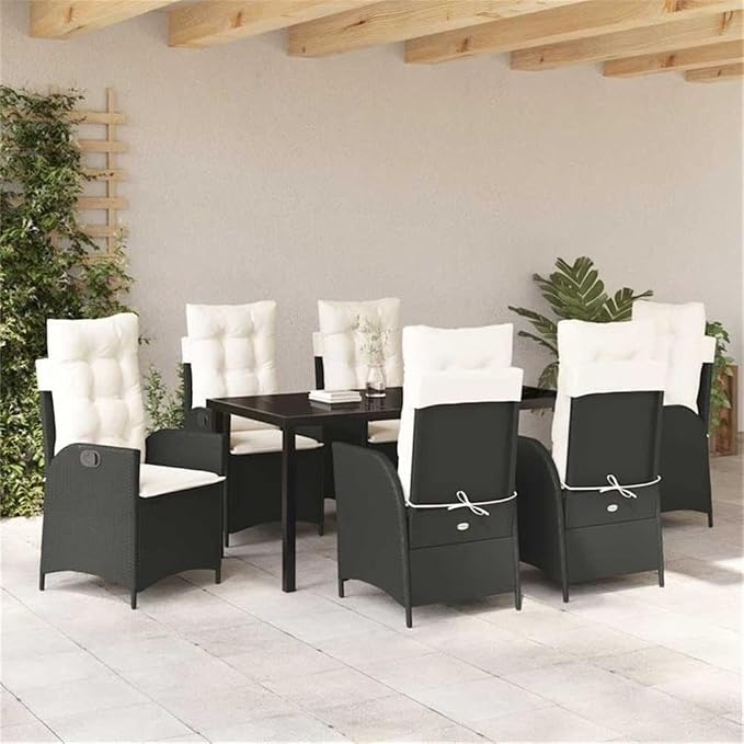 Afuera Living 7-Piece Poly Rattan Patio Dining Set with Cushions, Black Finish, Sleek Glass Tabletop, Modern Outdoor Furniture, Durable Steel Frame, Seating for 6, Garden or Backyard Use
