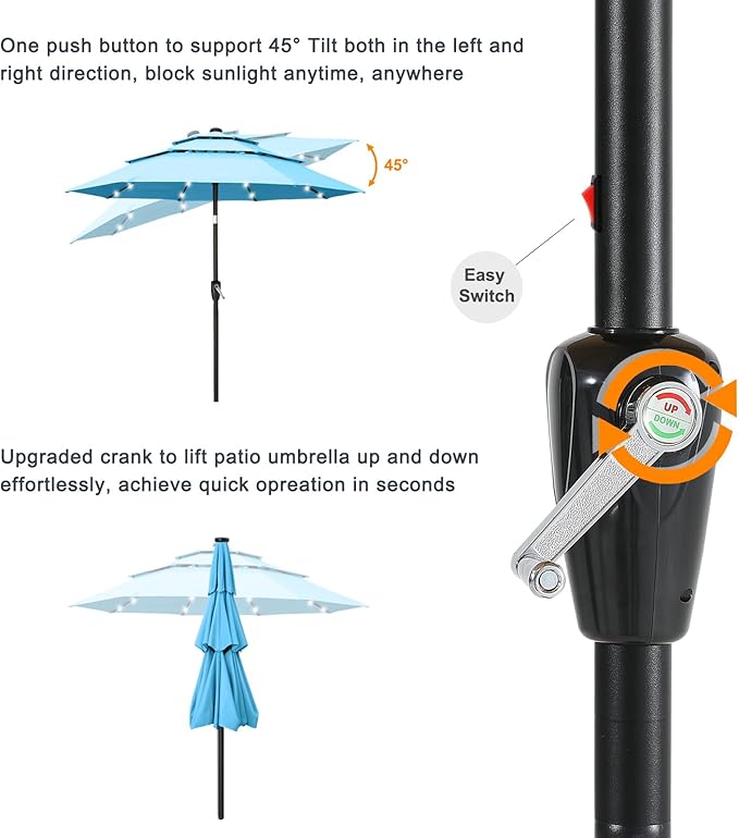 ABCCANOPY 3-Tiers 10FT Solar Patio Umbrella, Outdoor Umbrella with 32 LED Lights for for Deck, Pool, Garden, Backyard (Turquoise)