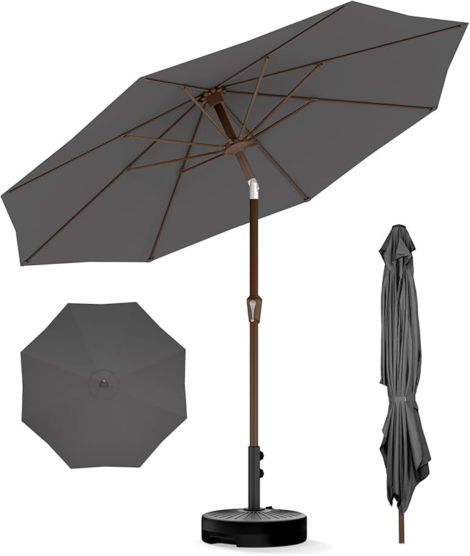 BRIOPAWS 9FT Patio Umbrella with Base Included | Outdoor Table Umbrellas | Push Button Tilt & Crank | 8 Sturdy Fiberglass Ribs | Waterproof | Heavy Duty for Garden Lawn DeckBackyard & Pool
