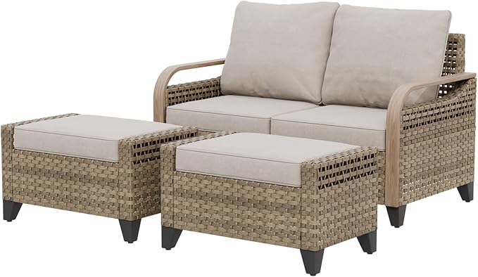 EAGLE PEAK Modern Wicker Outdoor Patio Furniture Set, Patio Conversation Set, a 2-Seat Loveseat and 2 Ottomans, 3 Pieces, Brown/Gray