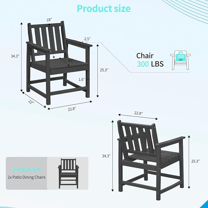 HDPE Outdoor Chairs, All-Weather Patio Dining Chair with Backrest and Armrest, 300 lbs Support Heavy Duty Outdoor Chair Patio Furniture for Garden, Deck, Porch, Black