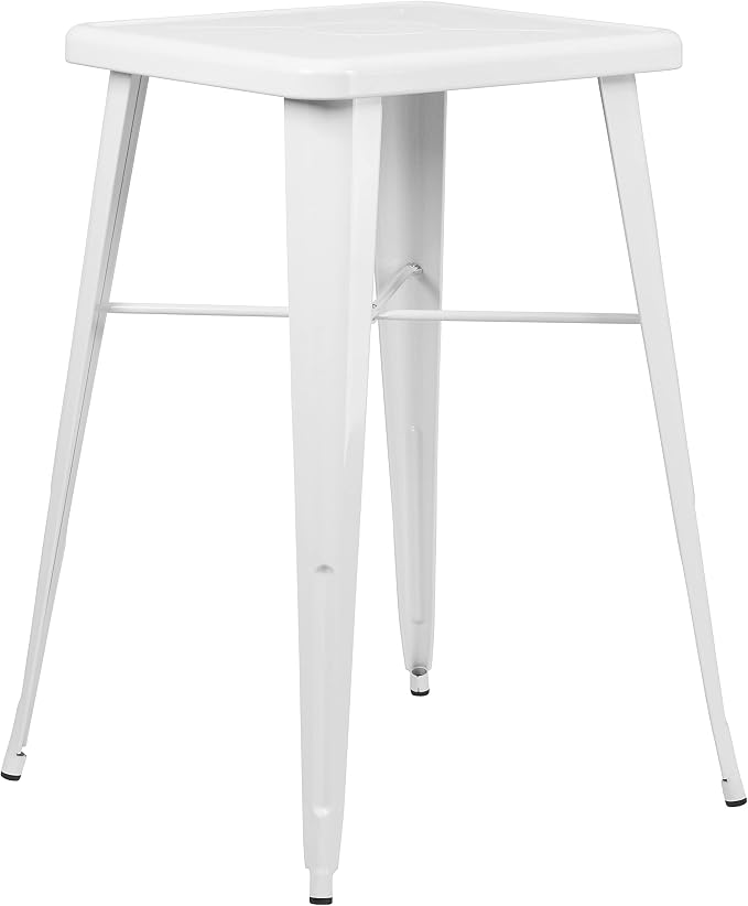 EMMA + OLIVER Commercial Grade 23.75SQ White Metal Indoor-Outdoor Bar Table Set-2 Stools-Backs