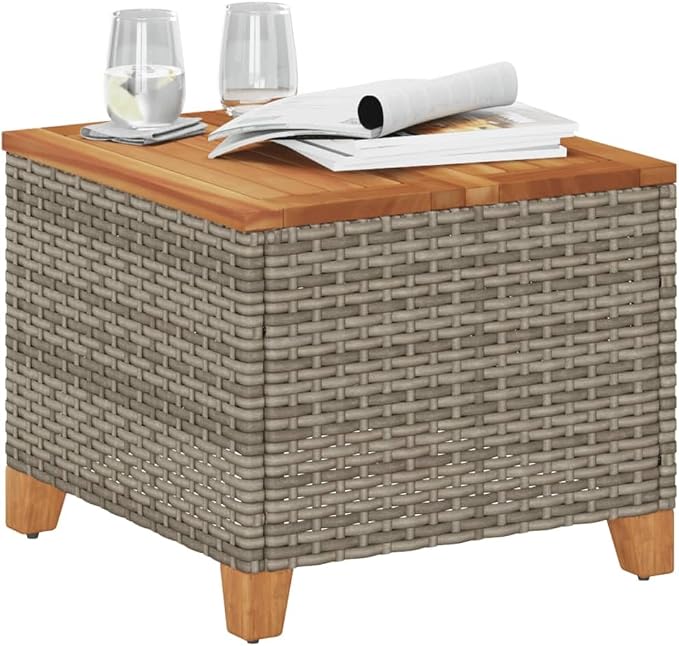 Square Outdoor Side Table, Small Patio Garden Coffee Table with Synthetic Poly Rattan, Compact Accent Table for Balcony Backyard, 17.7 x 17.7 x 14.6 Inches, Gray and Brown