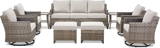 Outdoor Patio Furniture Set-9 Pieces All-Weather Wicker Outdoor Furniture with Swivel Patio Chairs Outdoor Patio Conversation Sets for Garden Porch Deck Grey/Beige