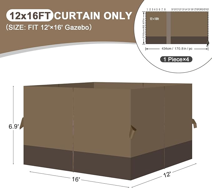 Aoodor 12x16 ft Outdoor Gazebo Curtains, 4 Panels Waterproof Privacy Sidewall Replacement with Zipper for Patio Pergola and Canopy, Light Coffee and Coffee