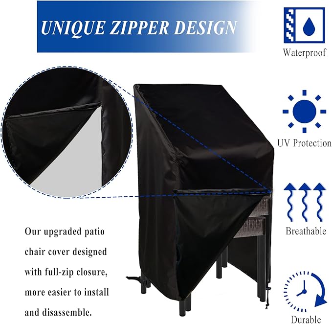 Zipper Stacking Chair Cover 420D, Quick Installation Patio Chair Cover, Outdoor Patio Furniture Covers for Stacked Chairs, Outdoor Lawn Dining Chair Covers with Zipper 2 Pack