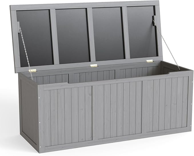 Domesto 112 Gallon Extra-Large Outdoor Deck Box, Solid Wood Storage Box Seat & Table Top, For Patio Cushions, Pool, Garden Tools (Grey, 112 Gallon)