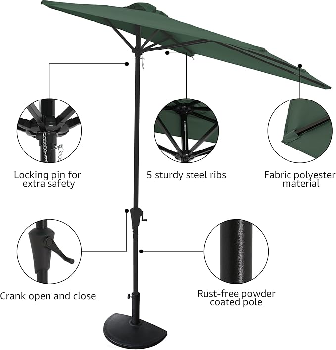 COBANA 7.5’by 4’Half Rectangular Outdoor Patio Umbrella for Patio, Balcony, Garden, Deck, Dark Green