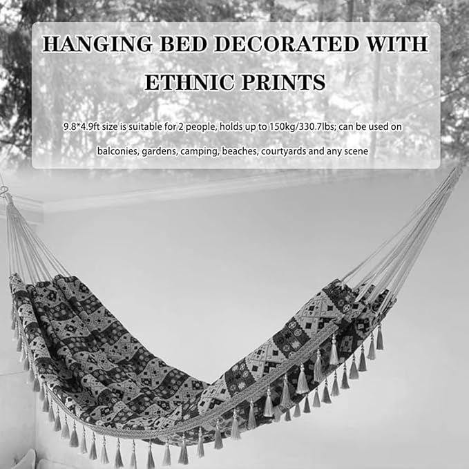 Colorful Ethnic Print Decorative Hammock, Double Hanging Bed with Tassels, Anti-Rollover/Easy to Set Up, Load Bearing 150kg/330.7lbs(Print C)