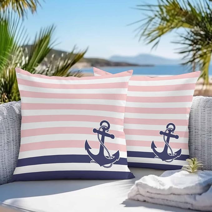 Throw Pillow Covers 16x16 Inch Set of 2, Anchor Pink Waterproof Outdoor Cushion Covers, Modern Navy Blue White Striped Nautical Decorative Pillowcases for Couch, Sofa, Bed, Garden, Patio
