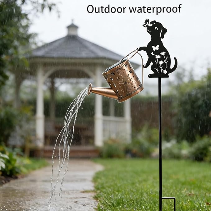 Solar Watering Can with Light, Outdoor Garden Decoration, Featuring A Metal Dog Statue Garden Stake; Makes A Great Gift for Women, for Outdoor Landscaping, Lawns, and Pathway