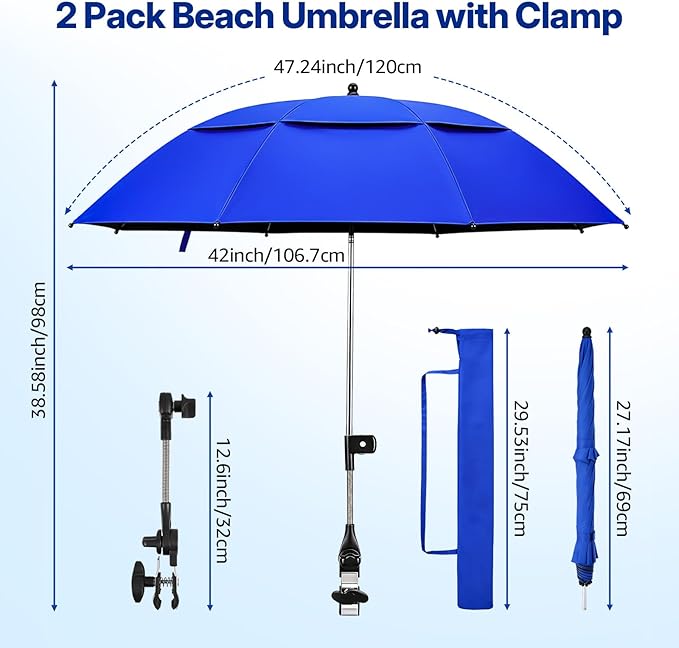2 Pack 42 Inch Double Canopy Beach Chair Umbrella with Clamp, UPF50+ Clip on Beach Umbrella with 360° Swiwel Arm & Adjustable Clip, Portable Sun Shade for Wheelchair, Stroller, Camping