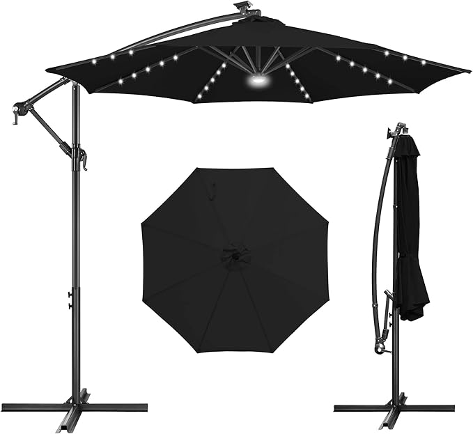 FLAME&SHADE 10ft Solar Cantilever Umbrella with 40 LED Lights, Lighted Large Offset Outdoor Patio Umbrellas, 8 Sturdy Ribs, UPF50+ UV Protection for Pool Deck Garden Yard, Black