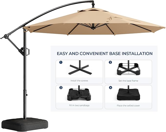 HOMSHADE 10ft Patio Umbrella with Base Included, 8-Year-Non-Fading Cantilever Umbrella with Solution-Dyed Acrylic Fabric, UPF50+ UV Protection with Easy Tilt and Crank for Pool Deck and Garden(Buff)