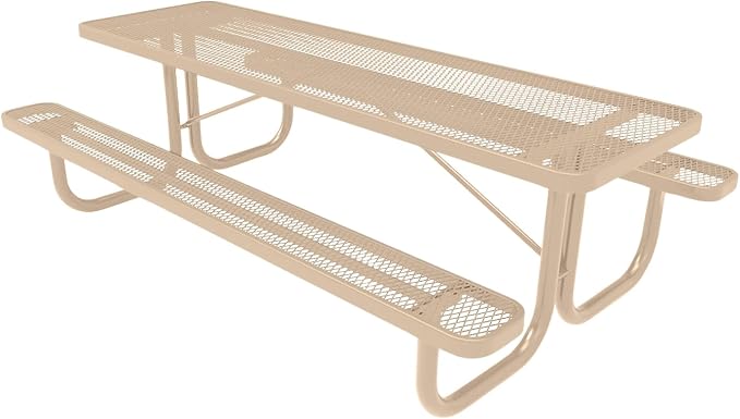 COATEDOUTDOORFURNITURE Heavy-Duty Portable Outdoor Picnic Table, Thermoplastic Coated Expanded Metal Commercial-Grade Patio Furniture Made in America (8ft Rectangular, Tan with Tan Frames)