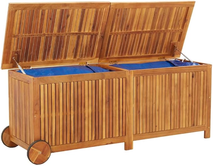 Outdoor Storage Box with Wheels, Wooden Patio Deck Box, Outdoor Cushion Storage Container Bin Chest for Patio Cushions, Outdoor Gardening Tools, 59.1"x19.7"x22.8" Solid Wood Acacia