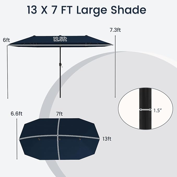 Tangkula 13 FT Large Patio Umbrella, Outdoor Double-Sided Table Market Umbrella w/Crank Handle, 12 Heavy-Duty Ribs, Sun-Protective Rectangular Twin Parasol for Garden Deck Lawn Poolside (Navy)