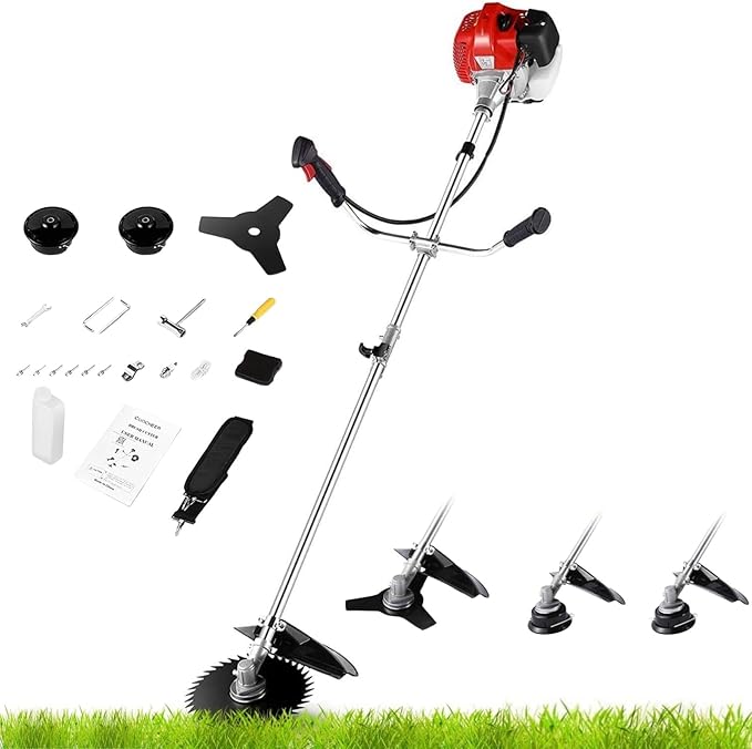 COOCHEER 58cc Weed Wacker, 4 in 1 Brush Cutter Gas Powered, 2-Cycle String Trimmers Gas Brush Cutter Straight Shaft Gas Grass Trimmer for Lawn and Garden Care Trimming, Red