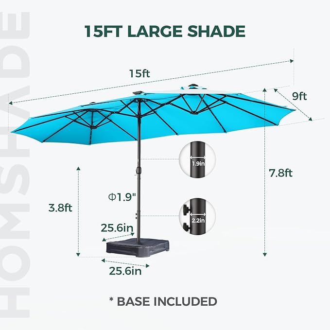 HOMSHADE Double Sided Patio Umbrellas - 15ft Solar Lights LED Lighted Outdoor Extra Large Market Table Umbrella with Base Included, Oversized Umbrella for Deck, Pool, Backyard
