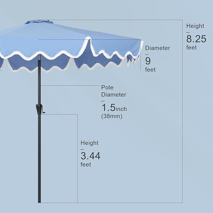 Tempera 9FT Scalloped Tassel Patio Umbrella, Outdoor Market Umbrellas with 8 Sturdy Ribs with Crank & Pust Button Tilt,Fade Resistant Canopy