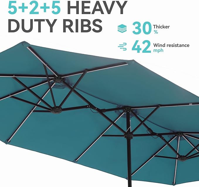 GREEN PARTY 13ft Outdoor Patio Umbrella with Solar Lights, 120 LED 12-Mode Large Double Sided Rectangular Table Umbrella, Heavy Duty Triple-Head Shade for Backyard Deck & Poolside, Cerulean(No Base)