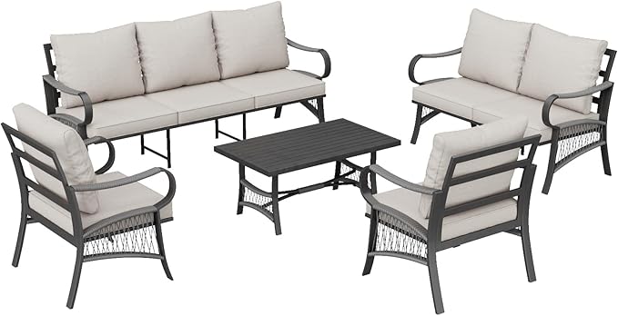 5 Piece Patio Furniture Set, 7 Seat Metal Outdoor Sectional Sofa Set with Thick Cushions, All Weather Patio Conversation Set with Coffee Table for Garden, Porch, Lawn, Beige