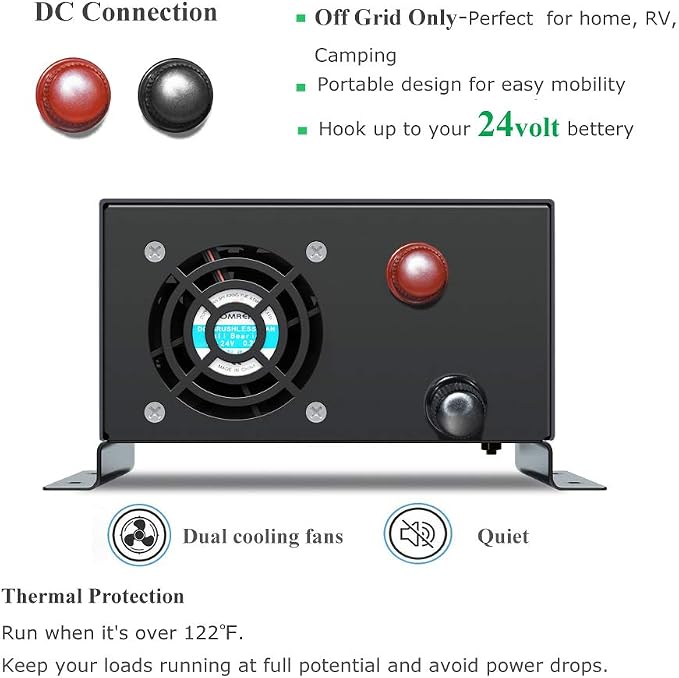 WZRELB 500W 24V 120V Pure Sine Wave Power Inverter with 2 AC Outlets Wired Remote Control (RBP-50024WR)
