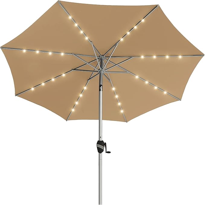 BLUU 9 Ft Patio Umbrella with Solar LED Lights, 5-Year Fade-Resistant Aluminum Outdoor Table Umbrella with Tilt Adjustment and Crank for Pool, Deck, Garden and Lawn, Beige
