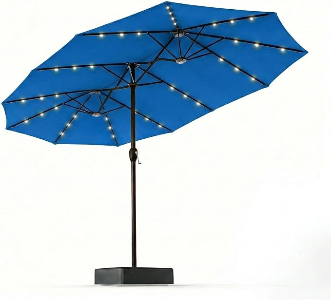 15FT Patio Umbrella with Solar Lights, Double-Sided Extra Large Outdoor Table Umbrella with Base Included, Heavy-Duty 12 Iron Ribs Market Umbrella for Garden, Pool, Backyard, Royal Blue