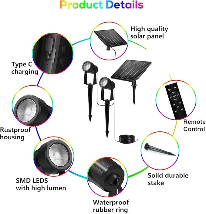 ZYAN Solar Color Changing RGB Spotlights with Remote, Separate Monocrystalline Panels & USB-C Powered, Auto On Off, Outdoor IP65 Waterproof for Patio Yard Path (16 Pack)