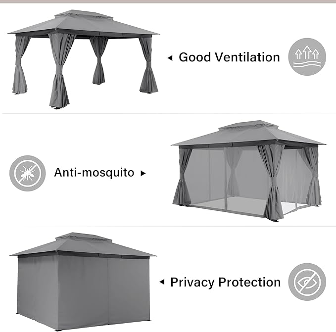 LAUSAINT HOME 10'x13' Outdoor Gazebo, Metal Frame Heavy Duty Patio Canopy Tent Shelter with Double Roofs, Mosquito Nettings and Privacy Screens for Backyard, Garden, Lawn, Gray
