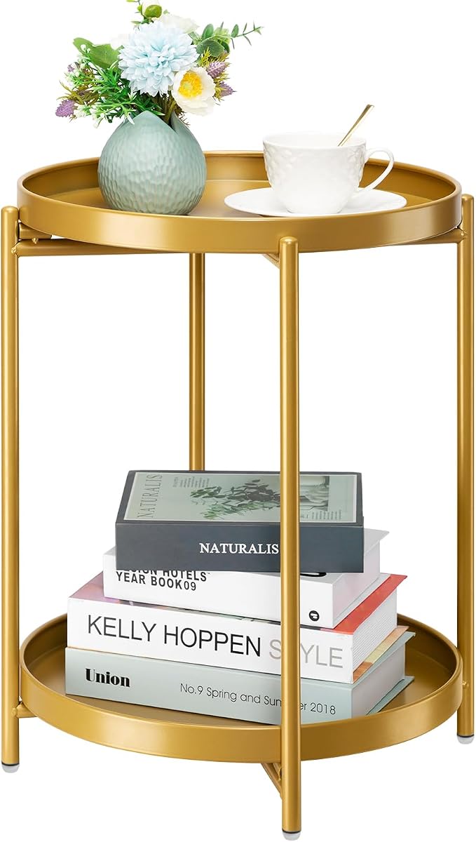 danpinera 2-Tier End Table, Outdoor Side Table, Metal Round Desk with Removable Tray, Small Folding Accent Desk, Anti-Rust Nightstand for Bedroom Balcony Patio Living Room, Set of 2 (Gold)