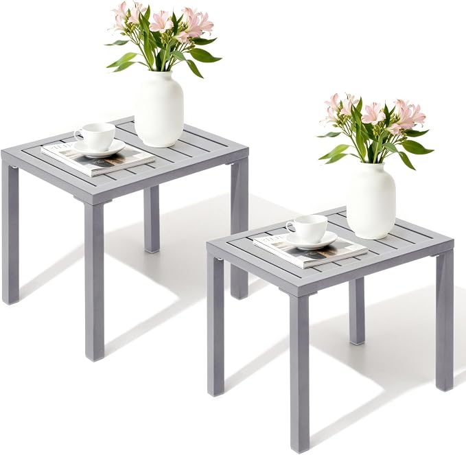 Crestlive Products Outdoor Side Table Set of 2, Aluminum Small Rectangular Coffee End Tables for Patio Balcony Pool Deck(Light Gray)