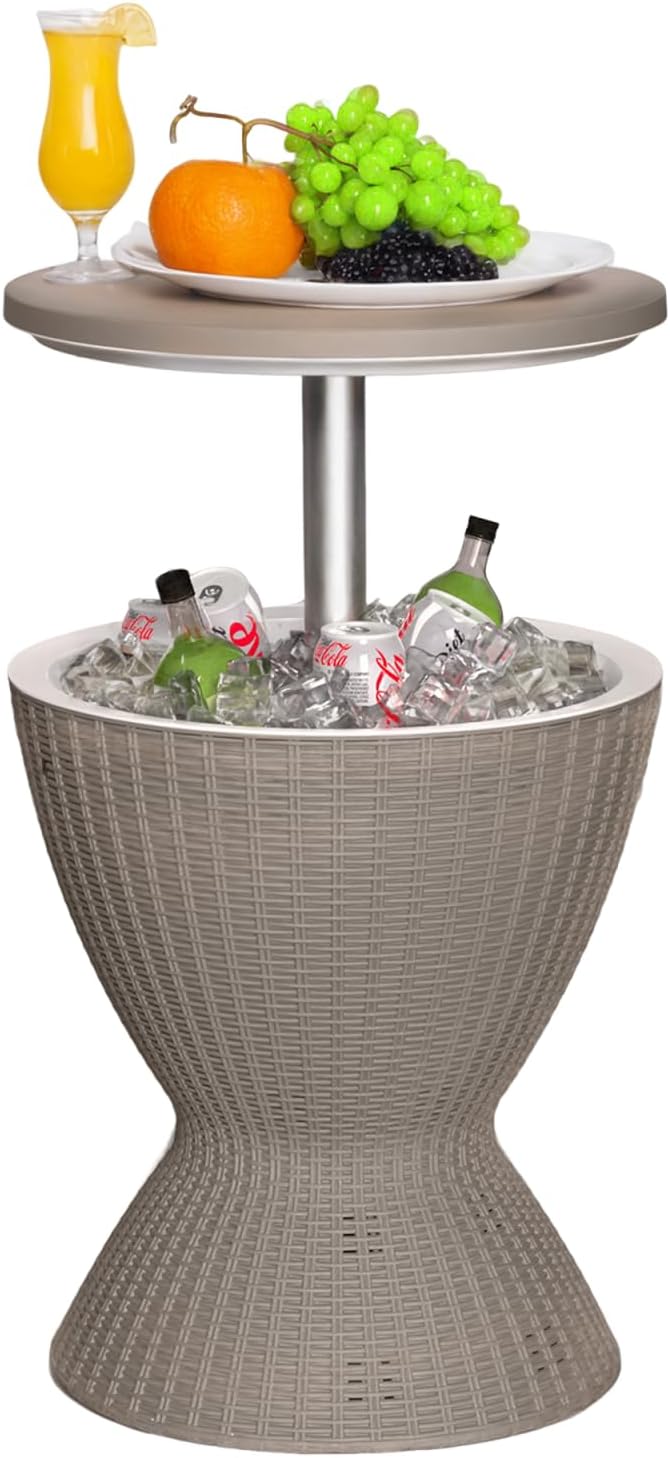 3-in-1 Outdoor Cocktail Table w/Built-in 8Gal Wine Cooler & All-Weather Ice Bucket - Adjustable Patio Bar Height Cooler Table for Poolside, Backyard, Outdoor Bar, Party & Picnic