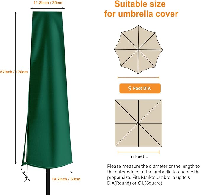 Dafire Patio Umbrella Cover for 7FT to 9FT Patio Umbrellas,1.7m Parasol Covers (Green 420D),Oxford Fabric Waterproof Market Umbrella Cover with Zip,Parasol Covers for Outdoor Umbrellas with Rod