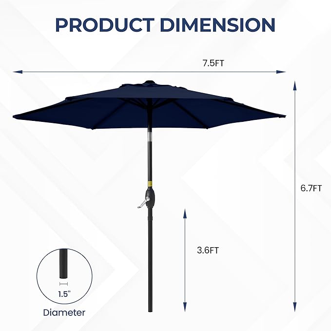 SUNVIVI OUTDOOR 7.5' Outdoor Patio Umbrella, Patio Umbrella, Market Umbrella, Aluminum Pole Umbrella with Push Button Tilt and Crank, 6 Ribs, Polyester Canopy, Navy Blue