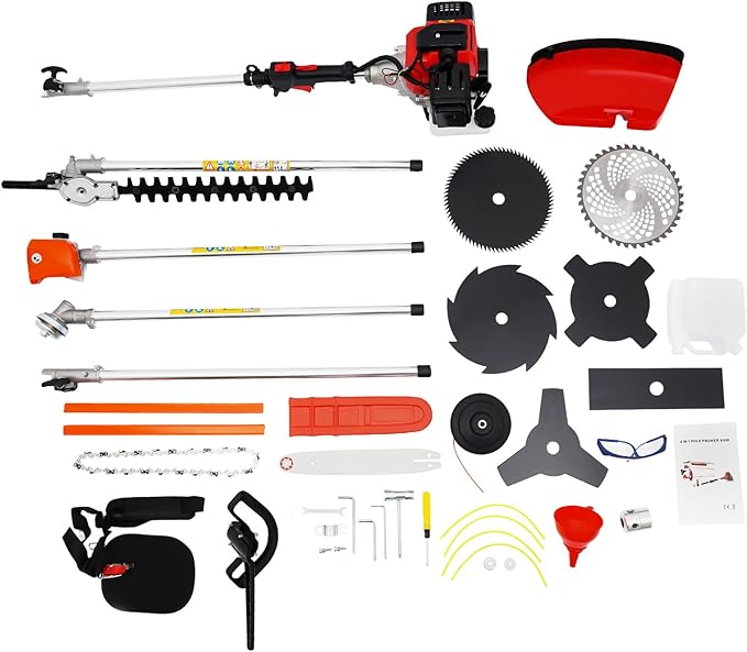 52cc Weed Wacker Gas Powered, Weed Eater, String Trimmer, Edger, Pole Saw Chainsaw,7-in-1 Attachment with Aluminum Shaft, 1000ml Fuel Tank for Weeding, Landscaping & Farm Maintenance