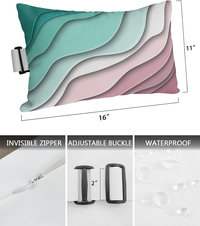 Outdoor Pillows Covers with Inserts Geometric Abstract Green Pink Gradient Waterproof Recliner Pillow with Adjustable Strap Throw Pillows for Patio Furniture Pool Lounge Chair, 11x16 inch, 1PCS