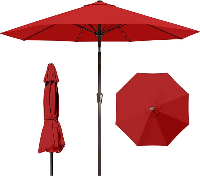 9ft Patio Umbrella with Push Button Tilt and Crank,Outdoor Market Table Umbrella UV Protection 8 Sturdy Ribs for Backyard,Garden,Pool,Deck(Red)