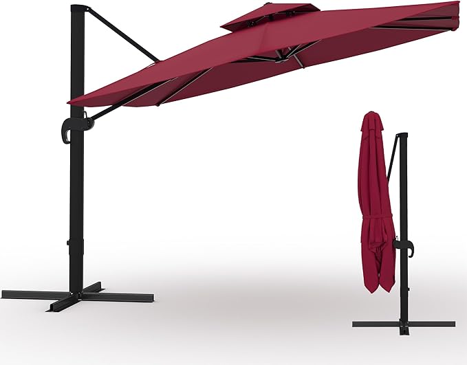 10x10 ft Square Outdoor Umbrella, Cantilever Patio Umbrella with 360° Rotation & Adjustable Height, Heavy Duty Aluminum Umbrella Outdoor Patio for Garden Poolside,Burgundy Red (Base Not Included)