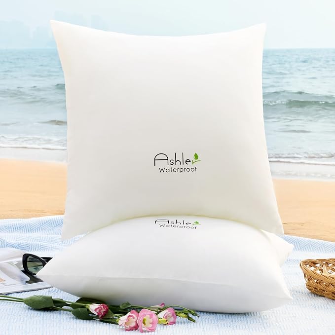 Outdoor Pillows 22 X 22 Pillow Inserts Pack of 2, Water-Resistant Decorative Premium Square Pillow Stuffer Sham Waterproof Pillow for Sofa Couch, Porch Patio Living Room Bedroom Furniture