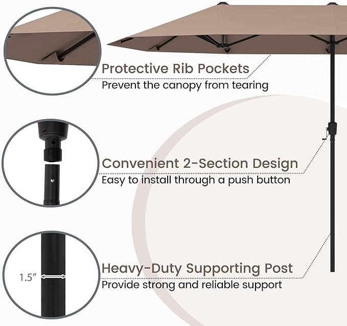 Tangkula 13 FT Large Patio Umbrella, Outdoor Double-Sided Table Market Umbrella w/Crank Handle, 12 Heavy-Duty Ribs, Sun-Protective Rectangular Twin Parasol for Garden Deck Lawn Poolside (Tan)