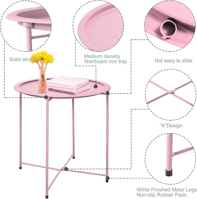 Garden 4 you End Table Metal Side Table Pink Round Folding Tray Cyan Sofa Small Accent Fold-able Table, Round End Table Tray, Next to Sofa Table, Snack Table for Living Room and Bed Room