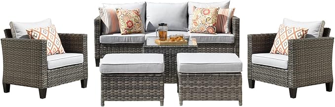 HOOOWOOO 6-Piece Patio Furniture Set–Stylish,Comfortable Outdoor Rattan Sofa Set with 2 Chairs,2 Ottoamns and Coffee Table,Weather-Resistant Patio Conversation Set for Deck,Garden,Balcony (Grey)