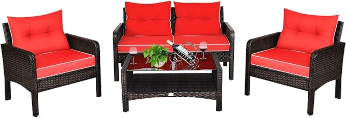 COSTWAY 4-Piece Patio Furniture Set, Sectional Wicker Rattan Sofa Chair with Cushion, Loveseat, Coffee Table with Tempered Glass and Shelf, Outdoor Conversation Sets for Poolside Porch (Red)