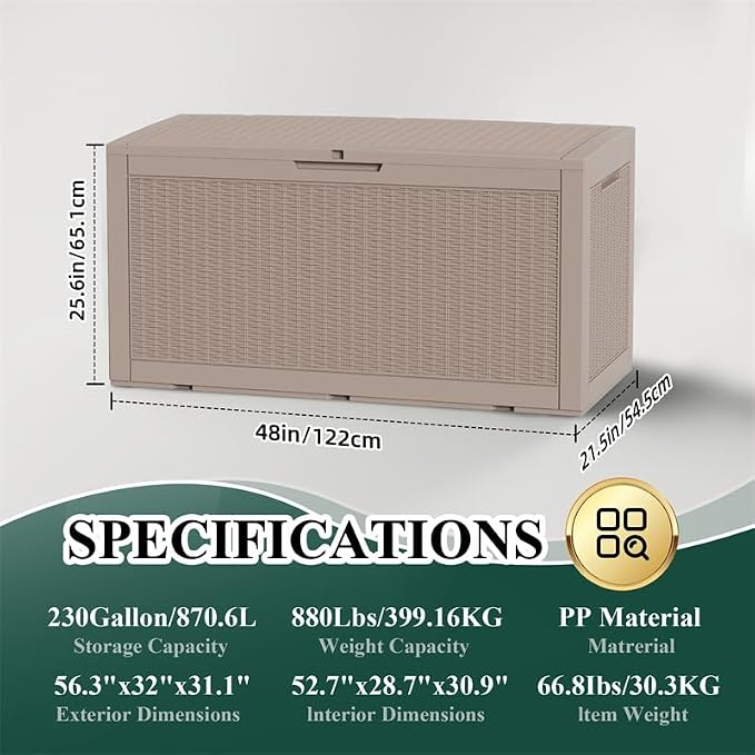 PatioZen 100 Gallon Resin Deck Box Outdoor Storage Box with Lockable Lid, Waterproof for Patio Cushions, Gardening Tools & Exercise Equipment