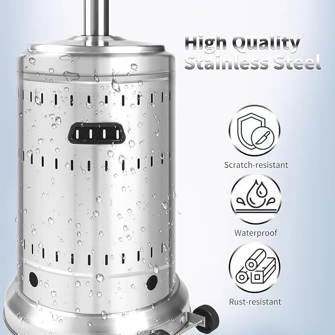 50,000 BTU Outdoor Propane Patio Heater with Wheels – All-Stainless Steel Gas Heater, Weighted Base, Easy Ignition & Safety Tilt Shut-Off for Patio, Backyard, Garden & Commercial Use